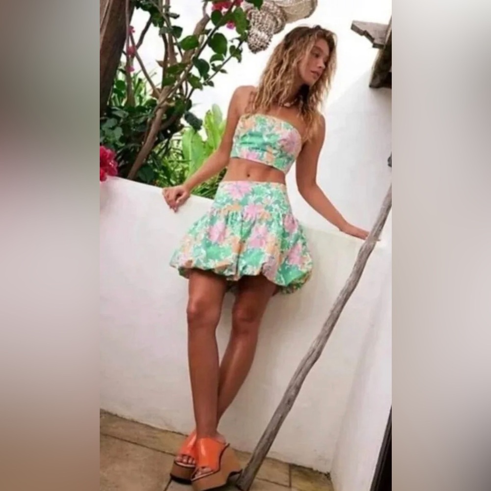 NWOT Free People Lula Bubble Mini Skirt 2 Piece Set Teal Combo Med